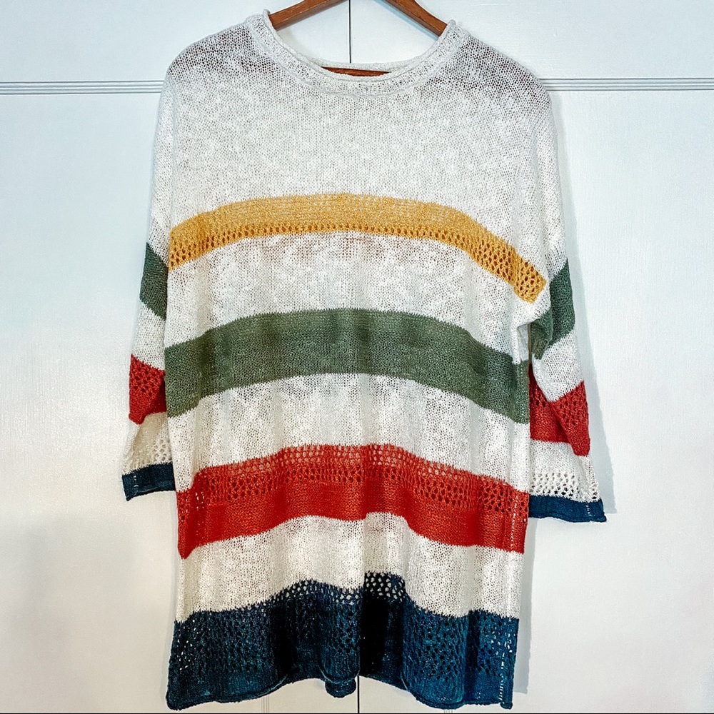 Scoop Neck Open Stitch Striped Sweater 0X